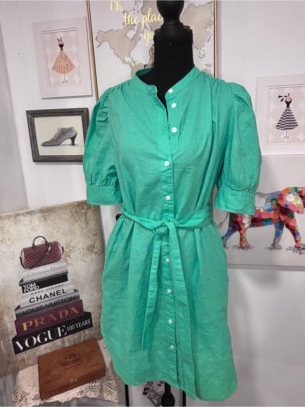 GAP Green Asymmetrical Shirt Dress with Tie Waist